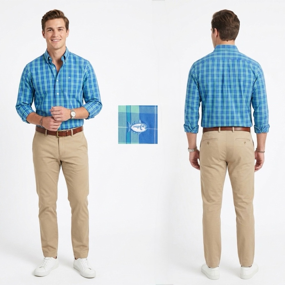 Southern Tide Men’s Periwinkle Blue and Mint Plaid Button Down Shirt EUC M